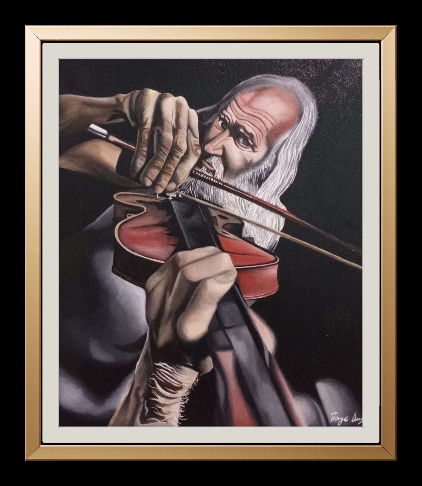 El Violinista, óleo enmarcado en marco dorado