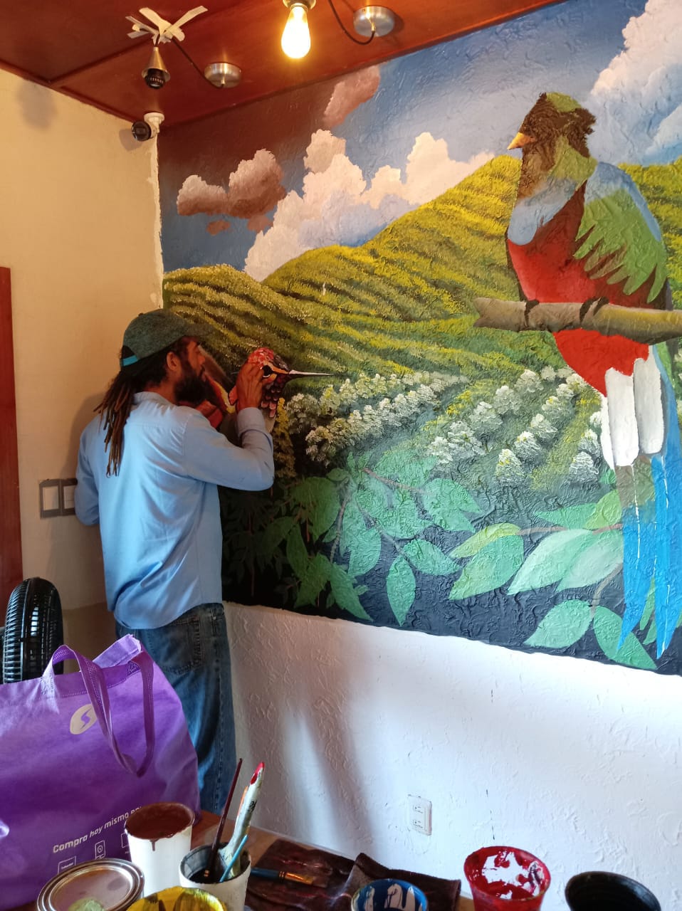Jorge pintando un mural de quetzal y cafetal