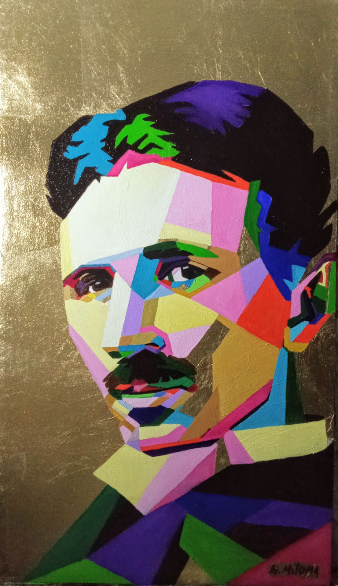 Retrato pop de Nikola Tesla con hoja de oro