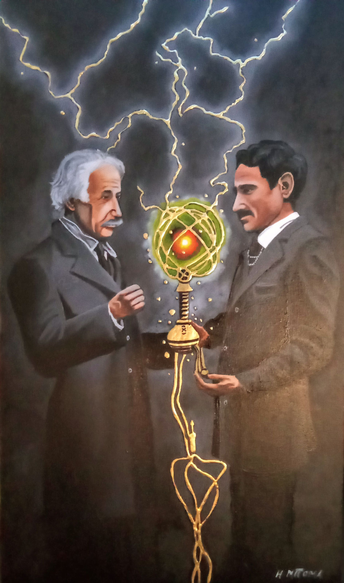 Óleo de Tesla y Einstein con esfera de energía